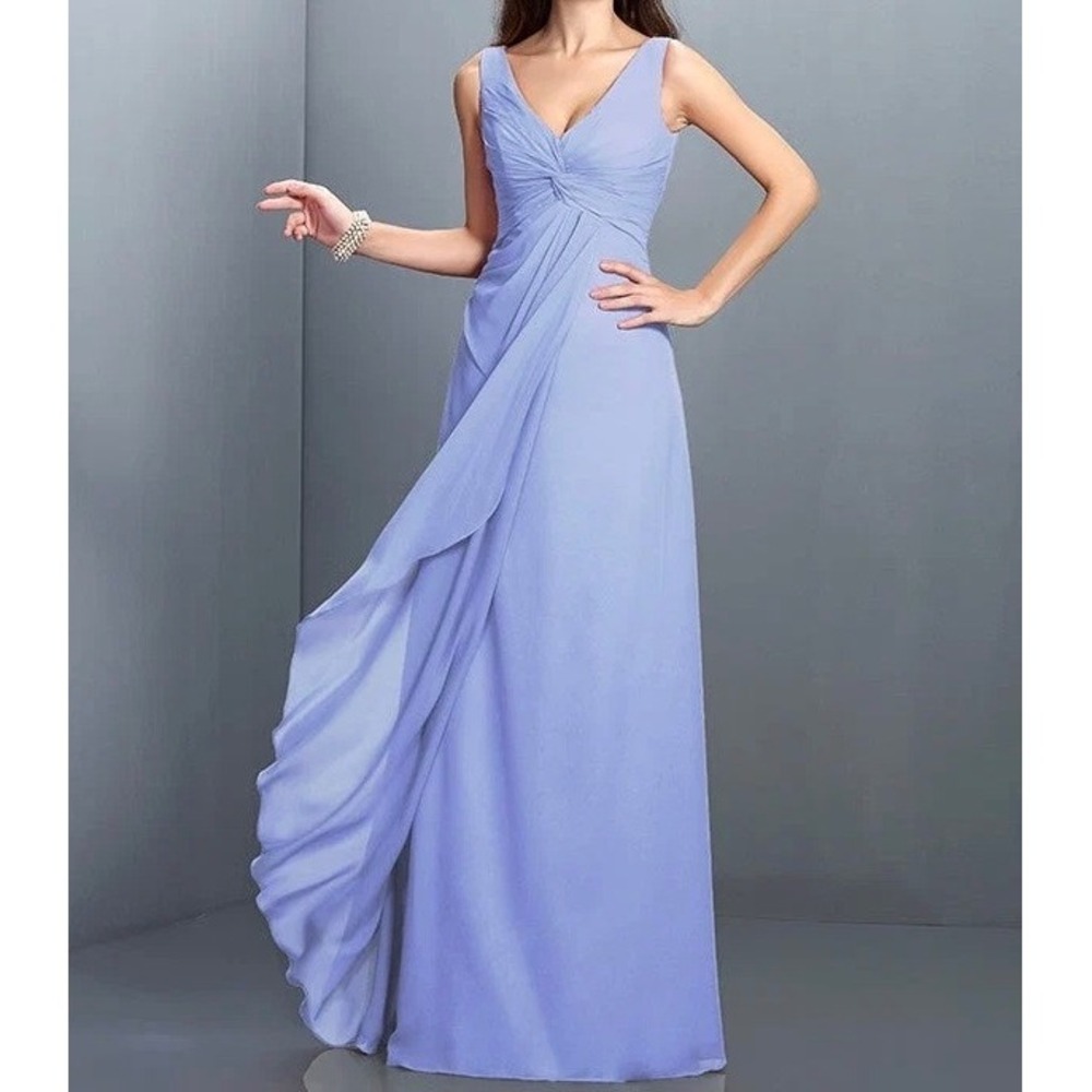 Periwinkle Blue Chiffon V-Neck Lace Up Back Formal Maxi Dress